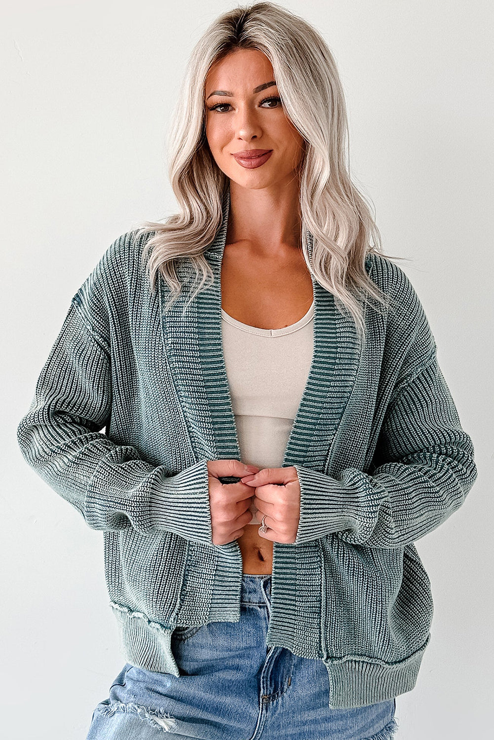 Dark Brown Mineral Wash Exposed Seam Patchwork Knit Cardigan