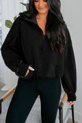 Black Half Zip Kangaroo Pocket Mineral Wash Baggy Hoodie