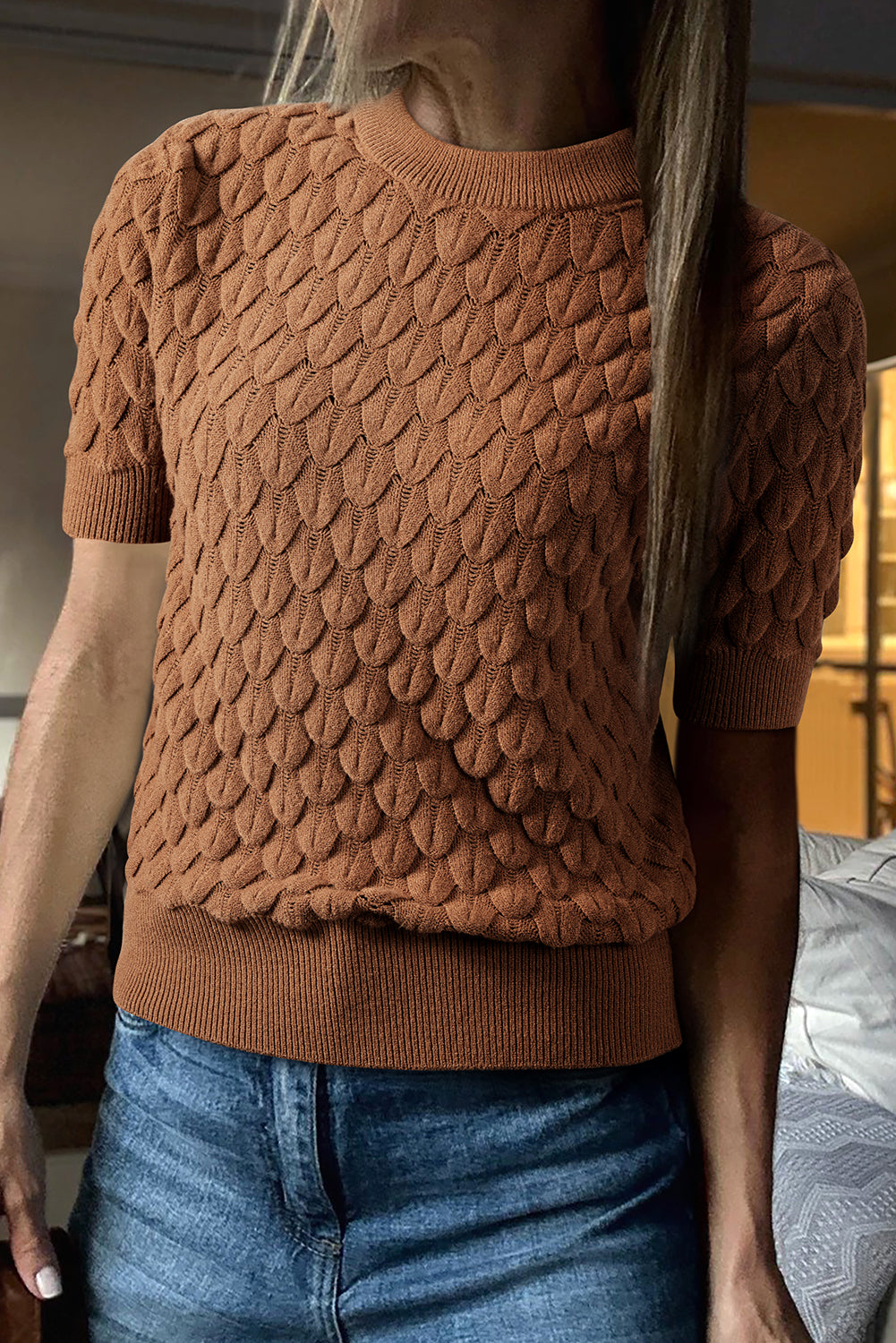 Straw Yellow Fish Scale Textured Knit Ribbed High Neck Short Sleeve Sweater