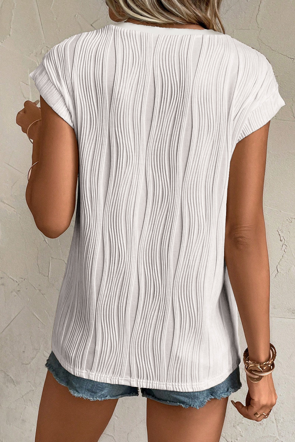 Pink Wavy Textured Button V Neck Tee