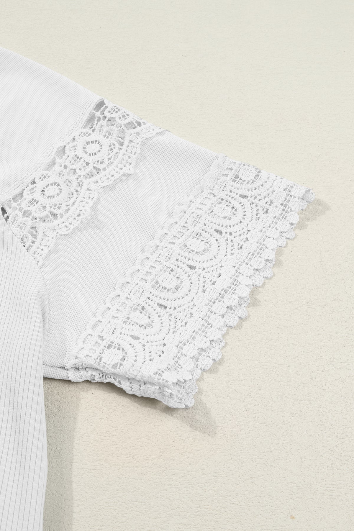 White Ribbed Lace Patchwork Short Sleeve Top