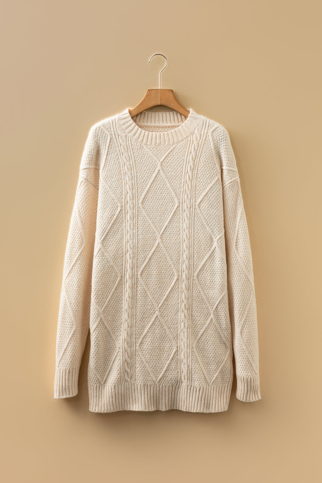 Coffee Twist Cable Knit Drop Shoulder Loose Fit Sweater Dress
