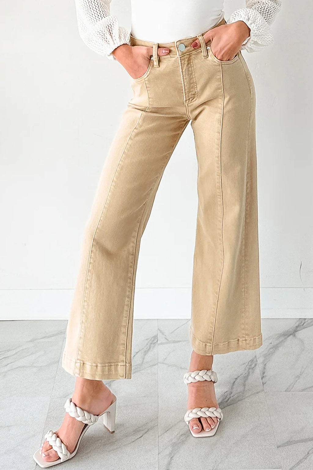 Red Sandalwood Solid Color Seamed Center Wide Leg Cropped Jeans