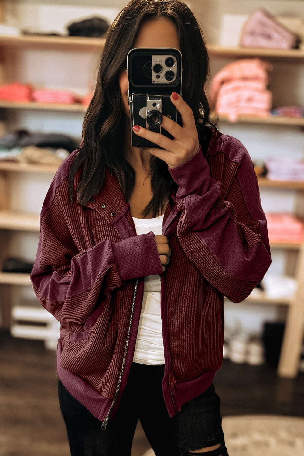 Burgundy Waffle Splicing Zip Up Front Button Hooded Jacket