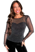 Black Metallic Glitter Mesh Long Sleeve Top