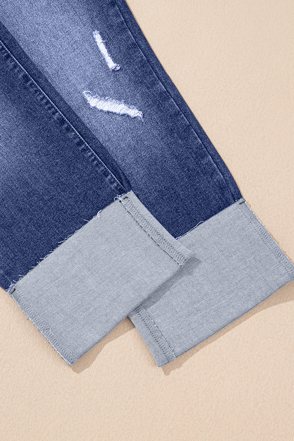 Real Teal Folded Cuffs Distressed High Waist Jeans