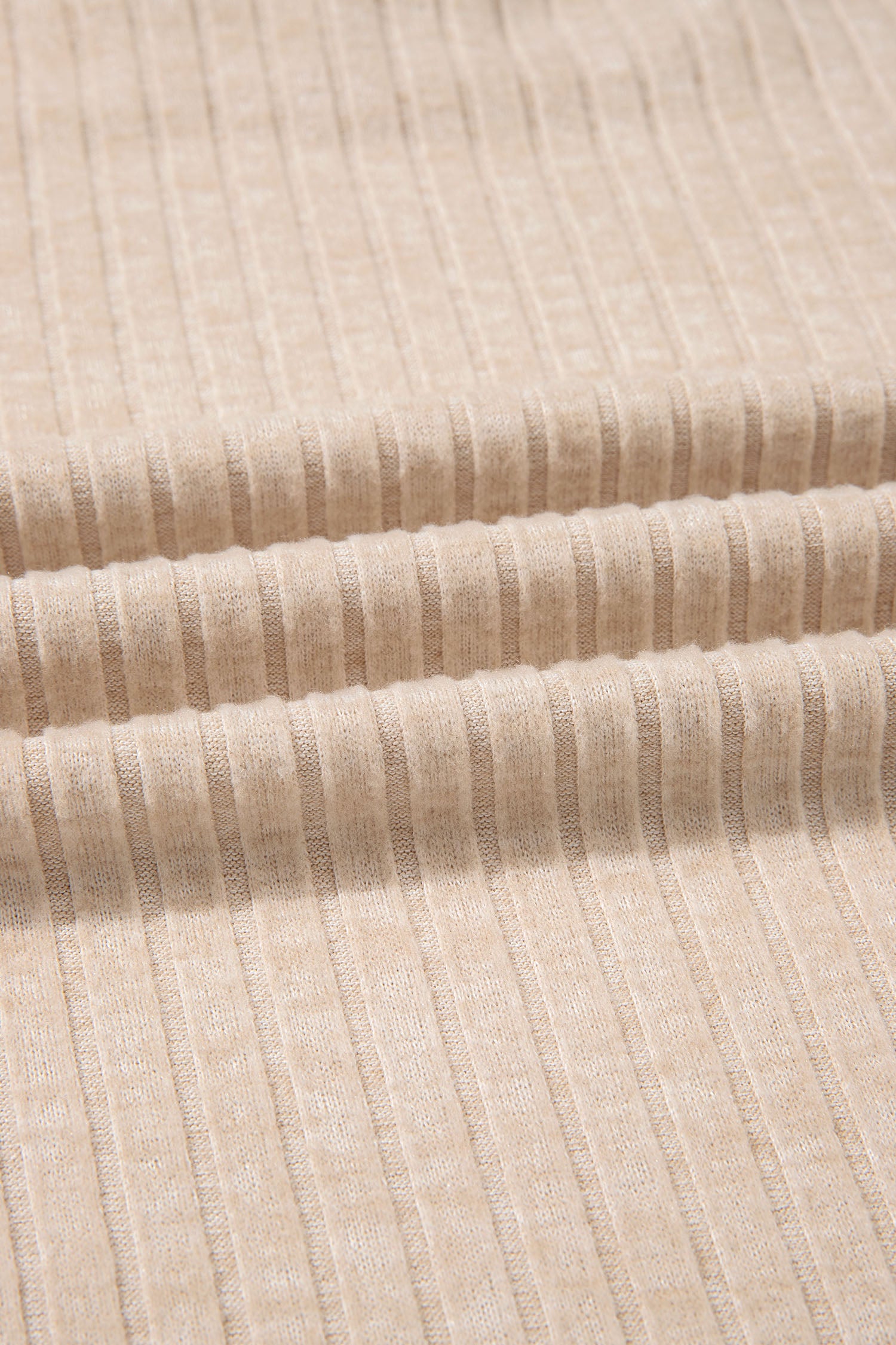 Apricot Solid Color Ribbed Knit Cowl Neck Long Sleeve Top