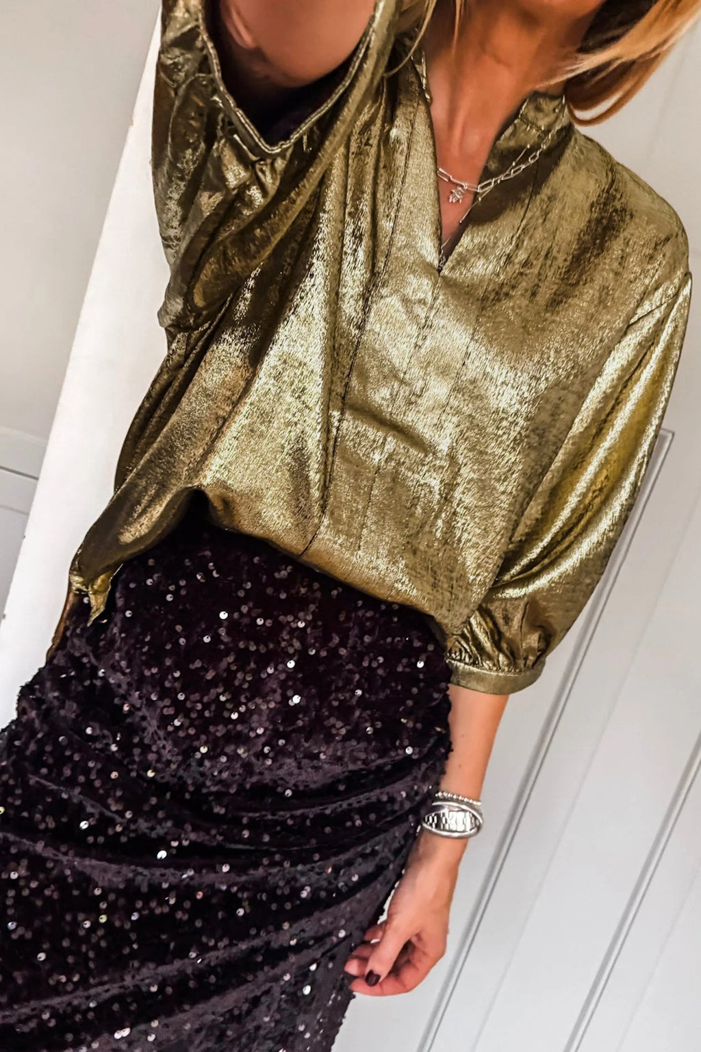 Gold Metallic Split Neck Half Sleeve Blouse