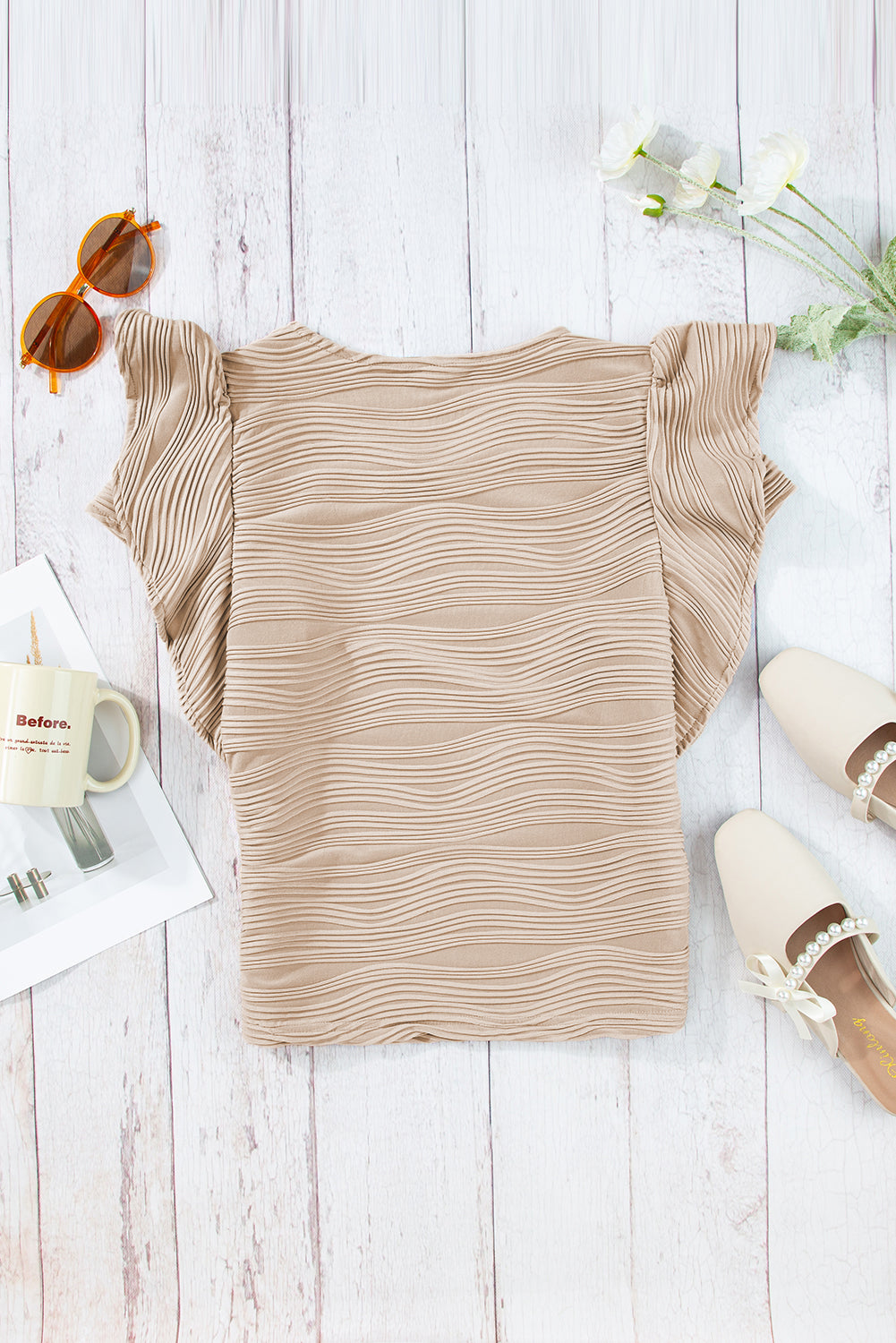 Real Teal Wavy Textured Ruffle Sleeve Top
