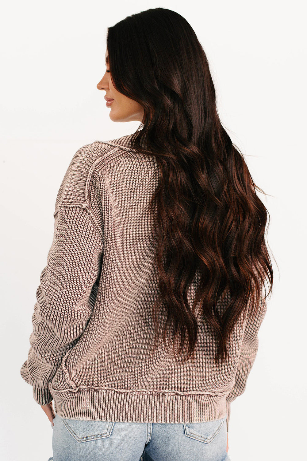 Dark Brown Mineral Wash Exposed Seam Patchwork Knit Cardigan