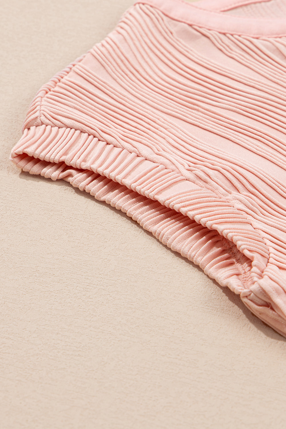 Pink Wavy Textured Button V Neck Tee