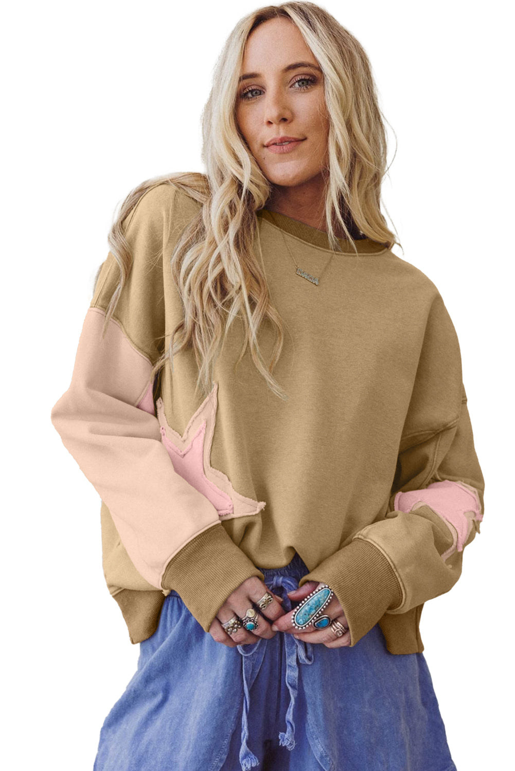 Rose Pink Star Patchwork Exposed Seam Uneven Hem Sweatshirt