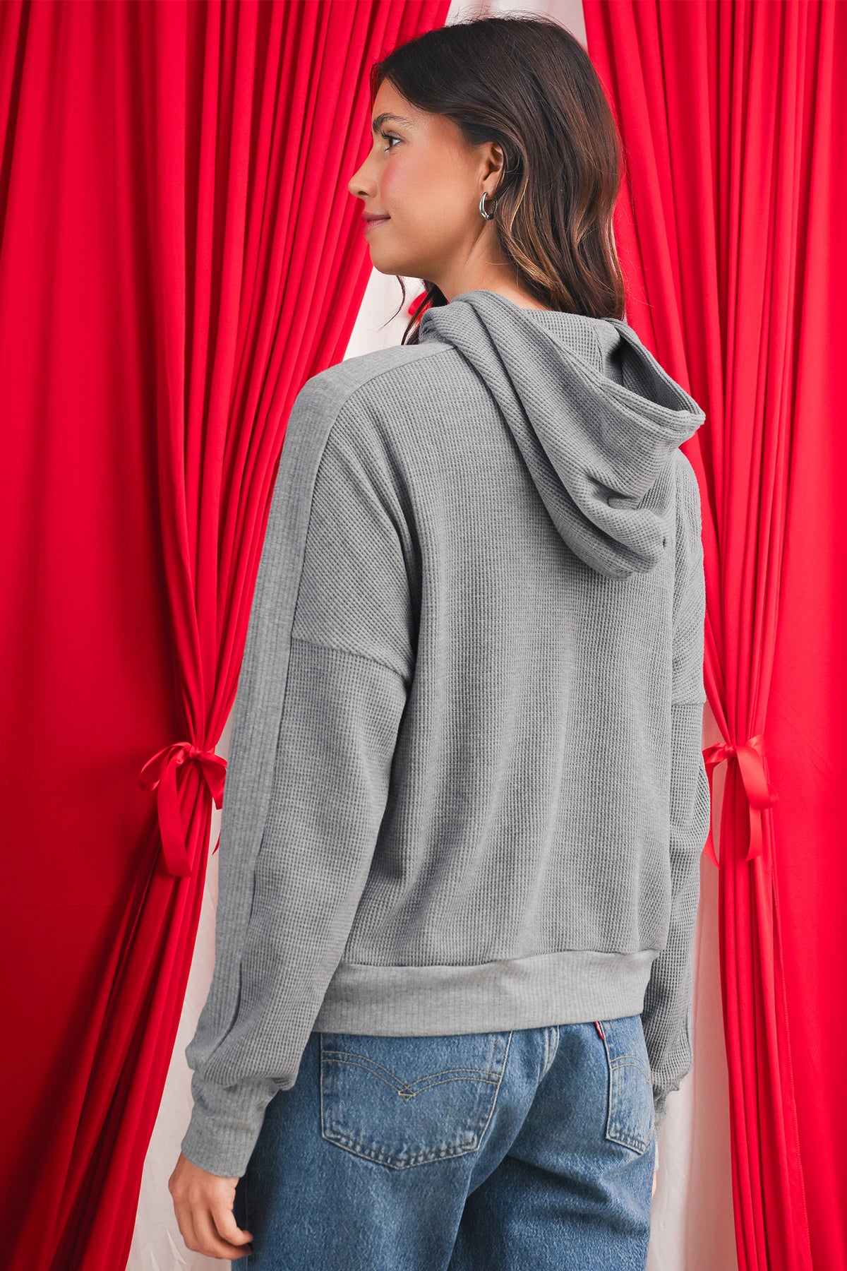 Burgundy Waffle Splicing Zip Up Front Button Hooded Jacket