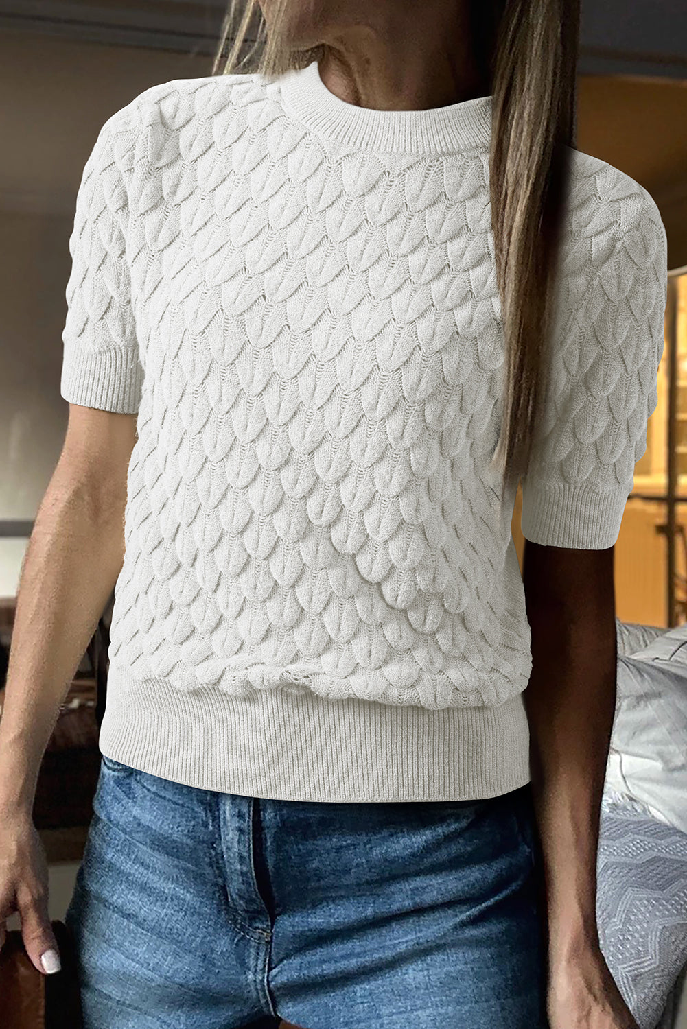 Straw Yellow Fish Scale Textured Knit Ribbed High Neck Short Sleeve Sweater
