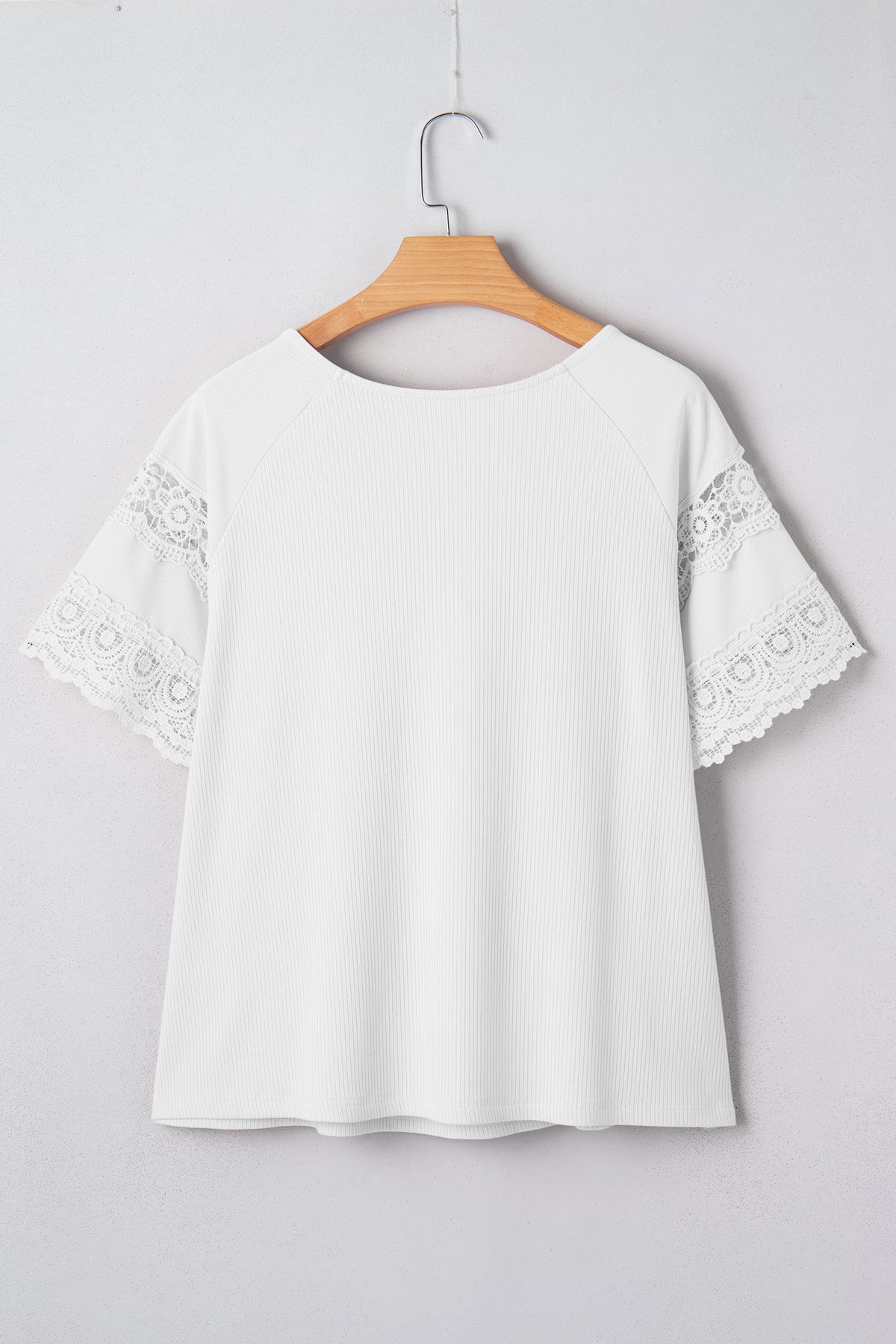White Ribbed Lace Patchwork Short Sleeve Top