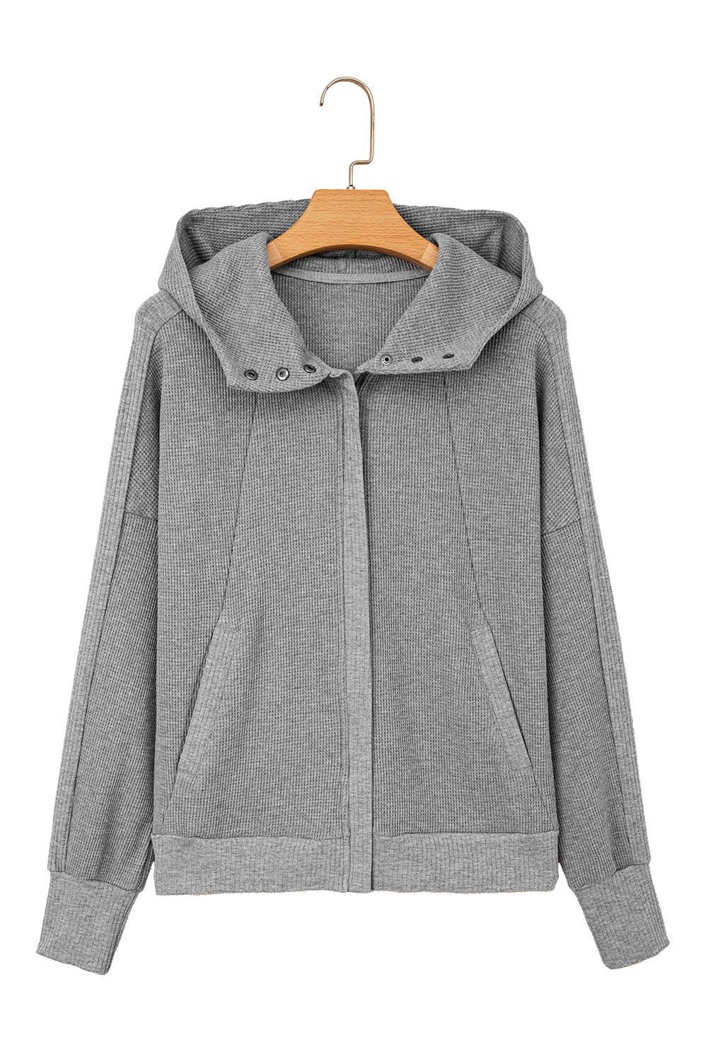 Burgundy Waffle Splicing Zip Up Front Button Hooded Jacket