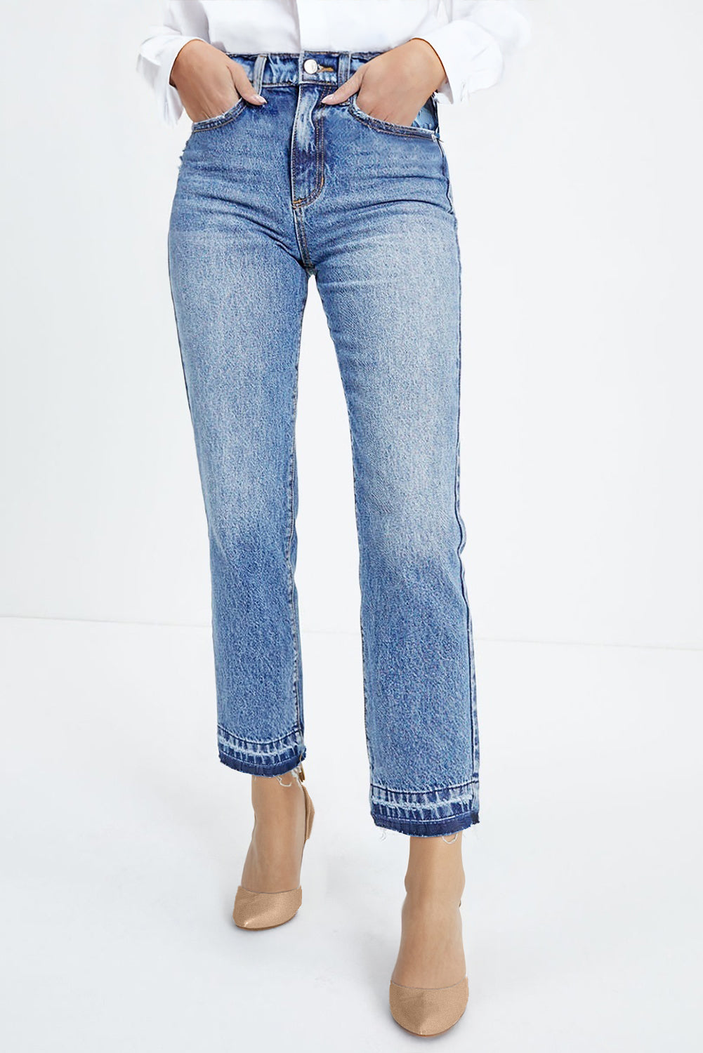 Dark Blue Whiskered Wash Raw Hem Cropped Jeans