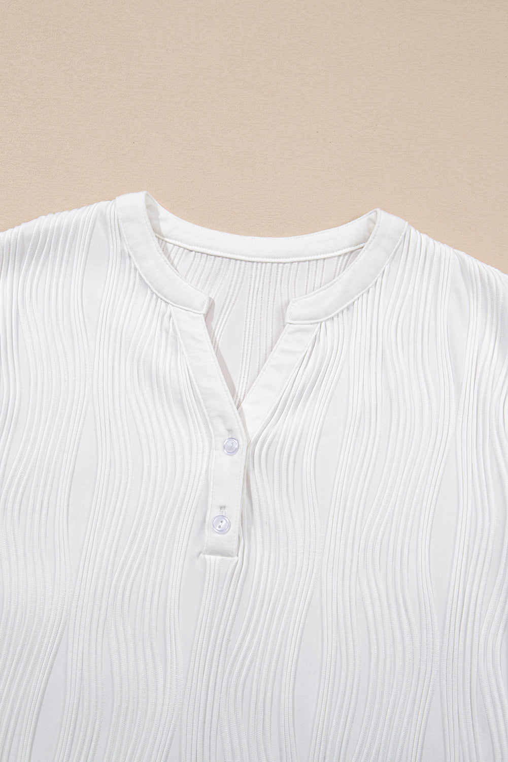 Pink Wavy Textured Button V Neck Tee