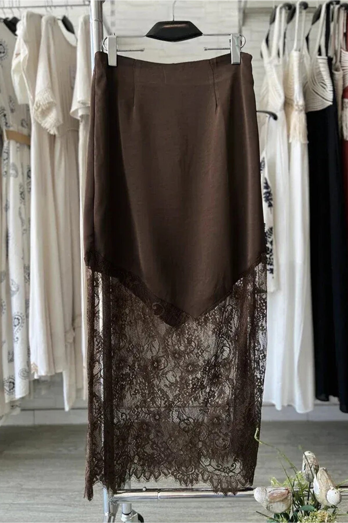 Dark Brown Lace Patchwork Hem Long Casual Shift Skirt