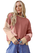 Rose Pink Star Patchwork Exposed Seam Uneven Hem Sweatshirt