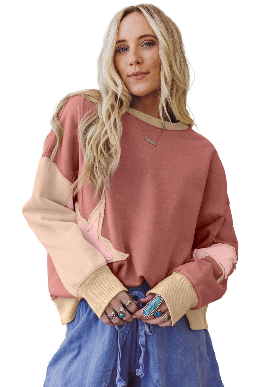 Rose Pink Star Patchwork Exposed Seam Uneven Hem Sweatshirt