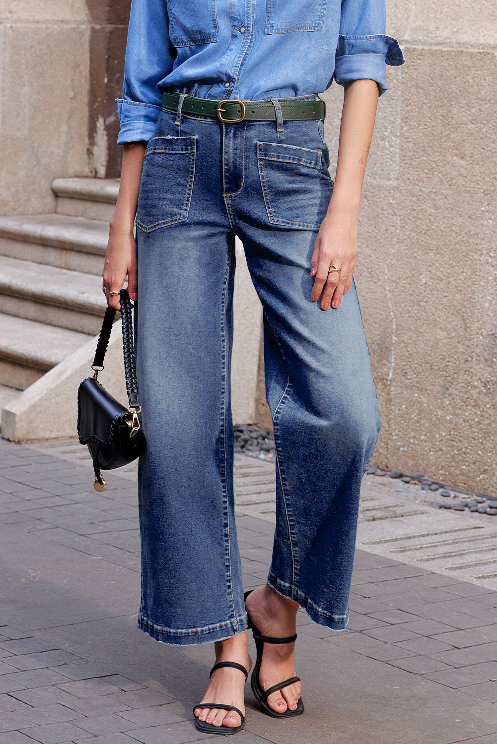 Brown Minimalist Patch Pocket High Waist Shift Jeans