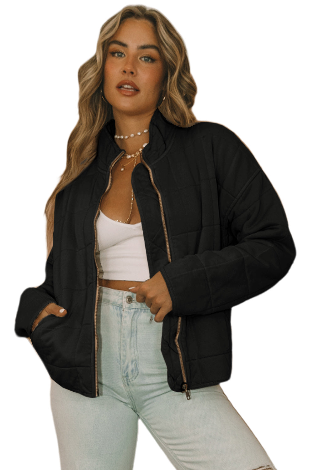 Green Zip Up Pocket Quilted Cropped Jacket