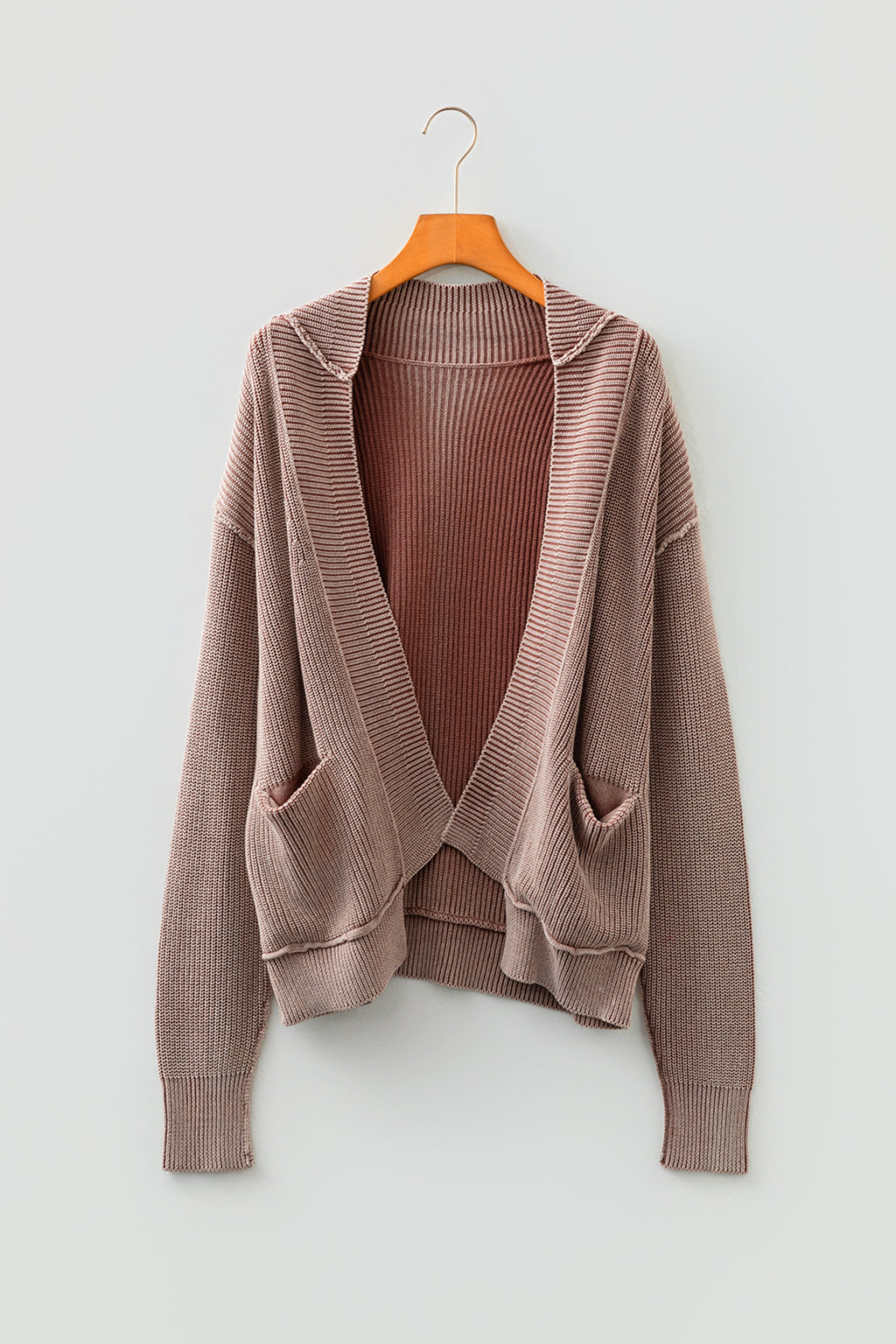 Dark Brown Mineral Wash Exposed Seam Patchwork Knit Cardigan