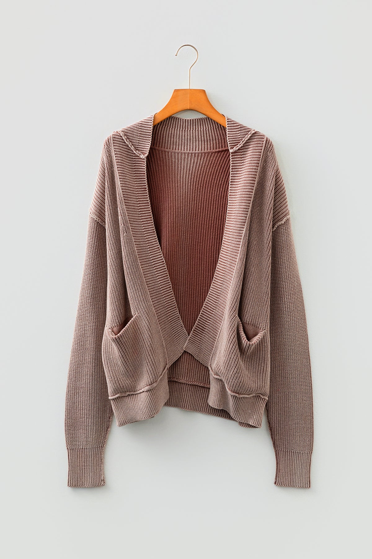 Dark Brown Mineral Wash Exposed Seam Patchwork Knit Cardigan