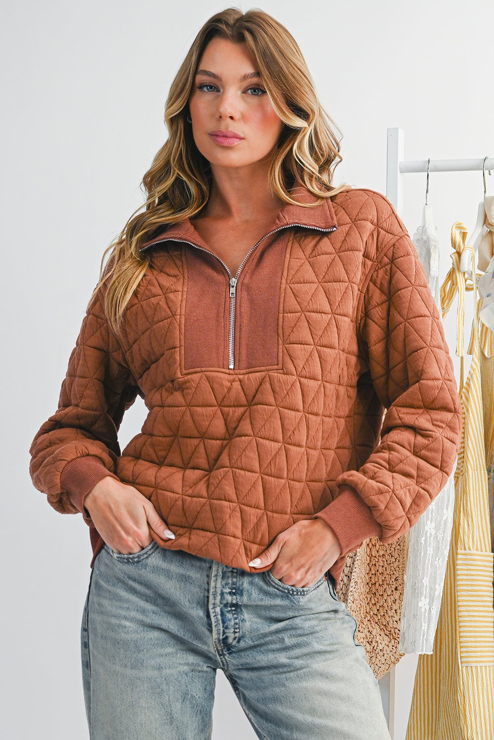 Straw Yellow Textured Zipper Neck Long Sleeve Pullover Sweatshirt