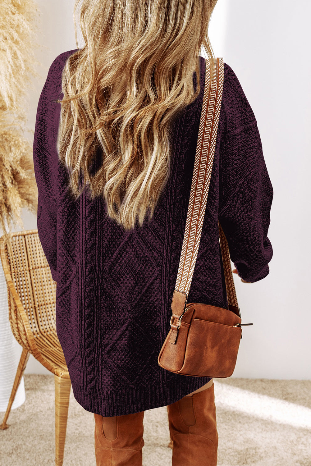 Coffee Twist Cable Knit Drop Shoulder Loose Fit Sweater Dress