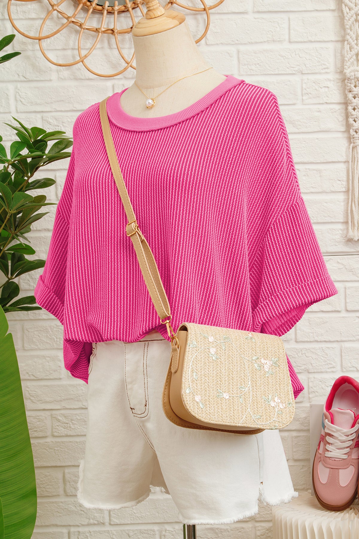 Rose Red Spiral Ribbed Cutout Bow Knot Back Oversize T Shirt