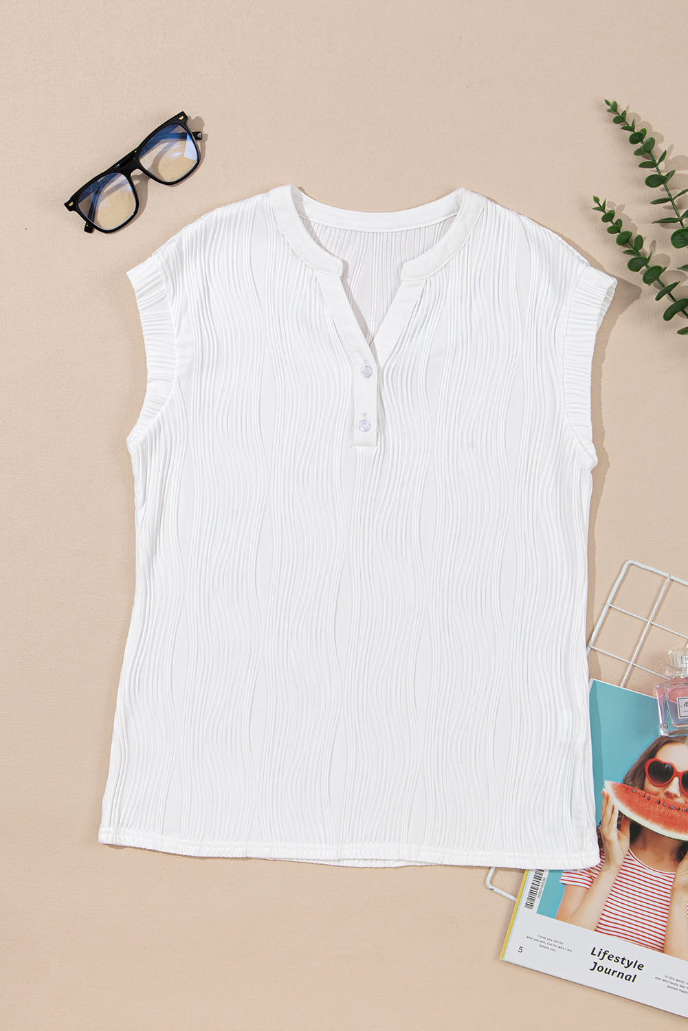 Pink Wavy Textured Button V Neck Tee