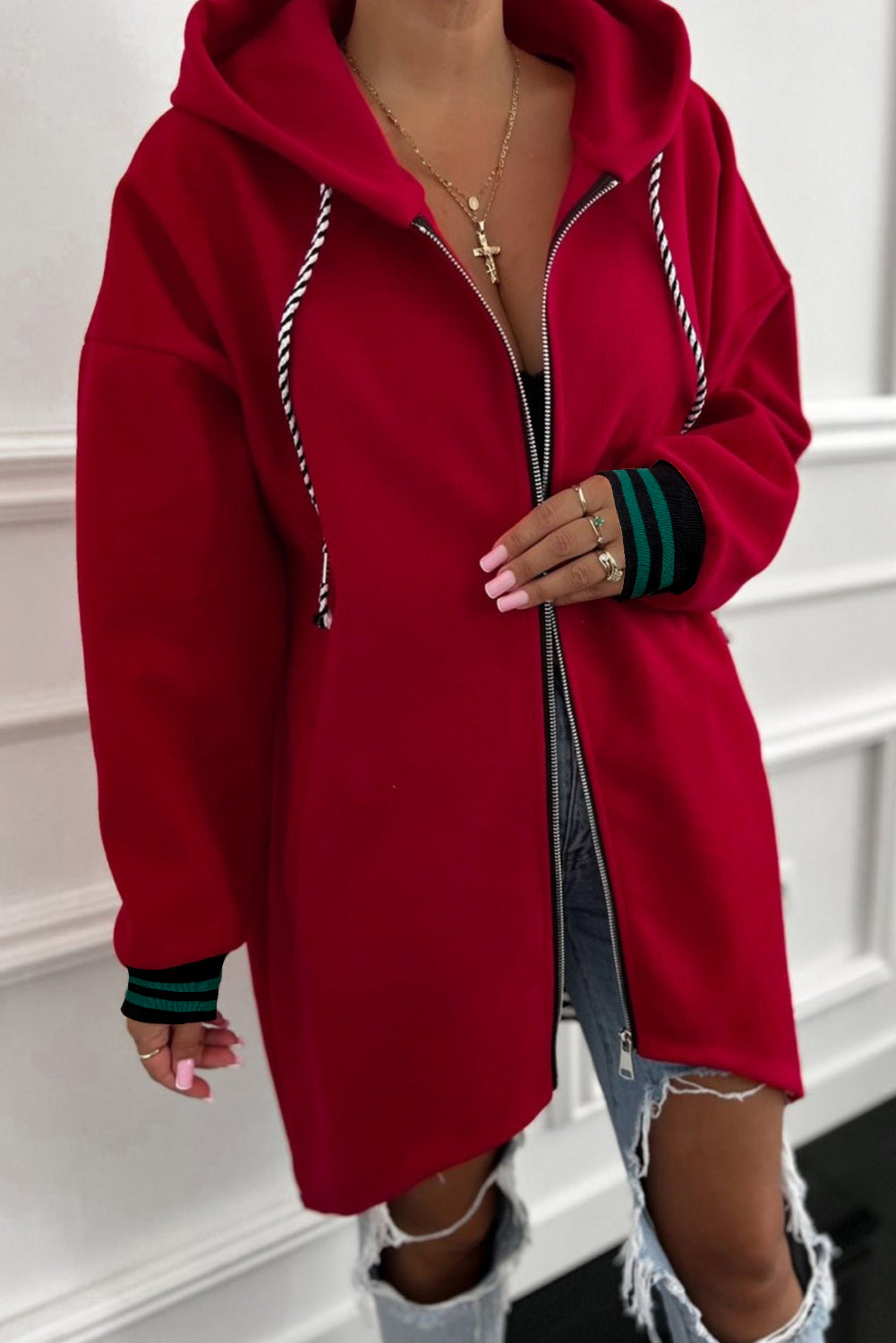 Racing Red Contrast Cuffed Drop Shoulder Zip up Tunic Hoodie