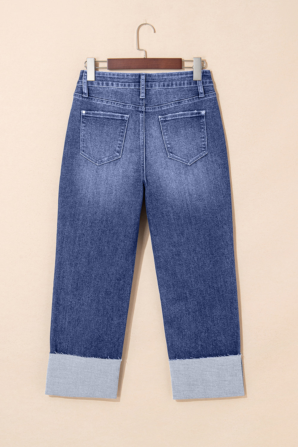 Real Teal Folded Cuffs Distressed High Waist Jeans