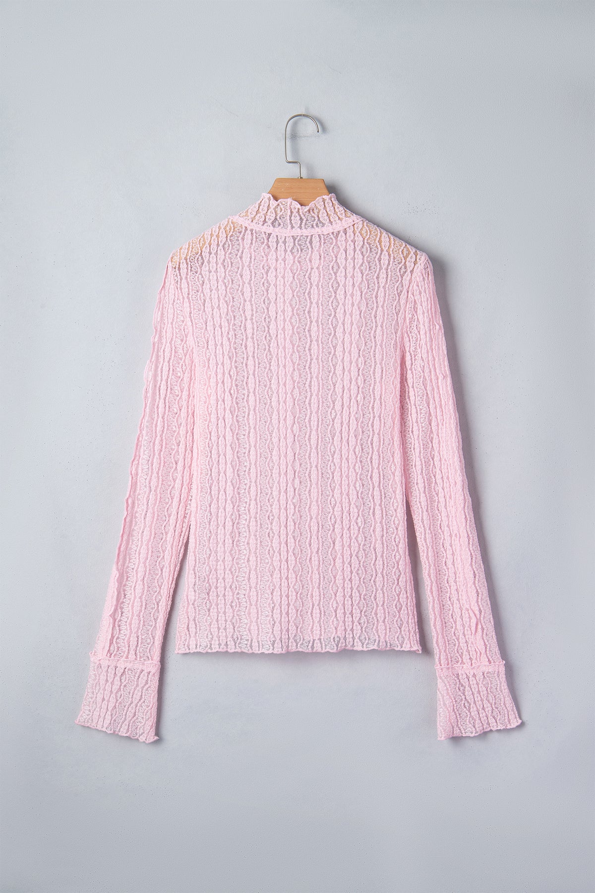 Apricot Flounced Long Sleeve Mock Neck Sheer Lace Top