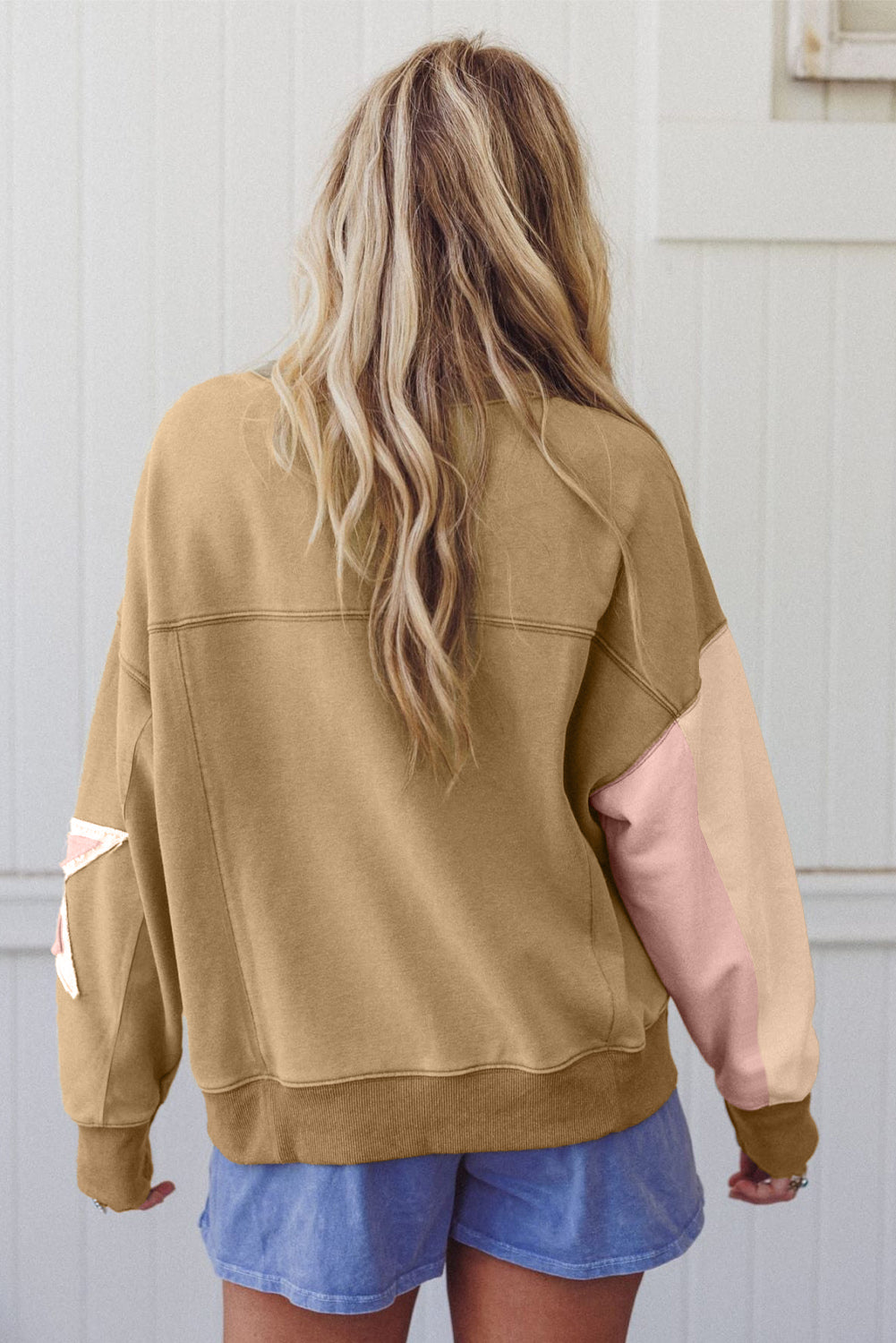 Rose Pink Star Patchwork Exposed Seam Uneven Hem Sweatshirt