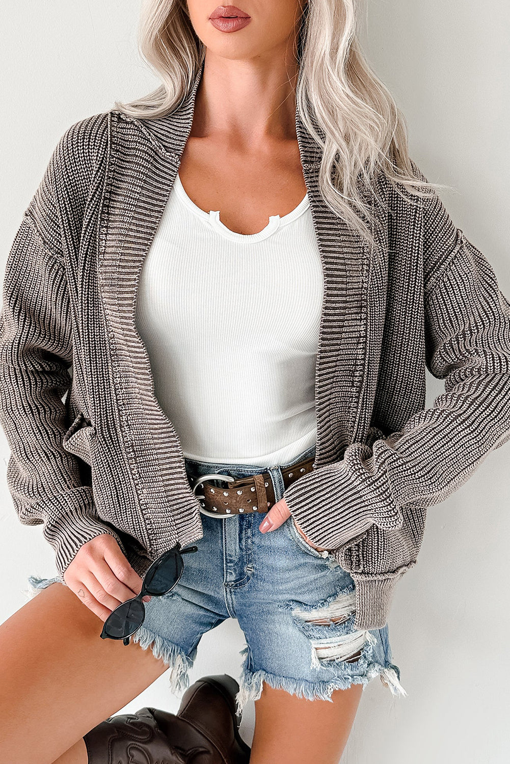 Dark Brown Mineral Wash Exposed Seam Patchwork Knit Cardigan