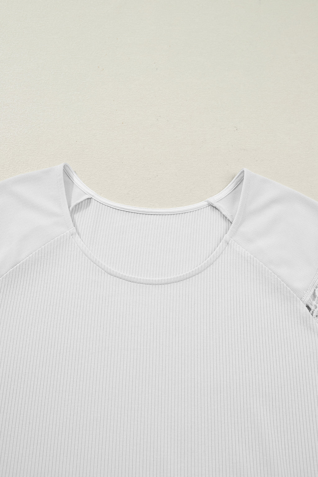 White Ribbed Lace Patchwork Short Sleeve Top