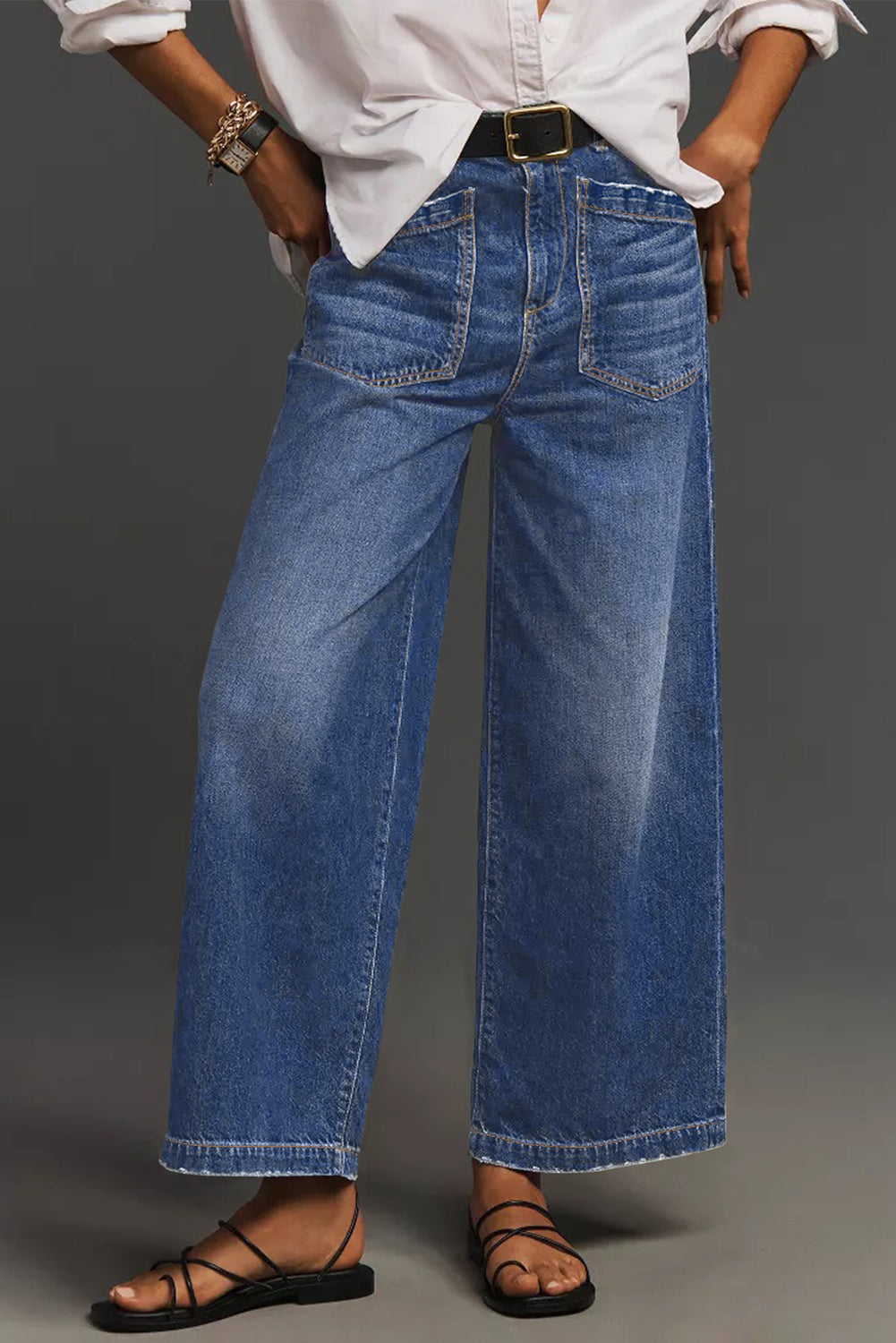Brown Minimalist Patch Pocket High Waist Shift Jeans