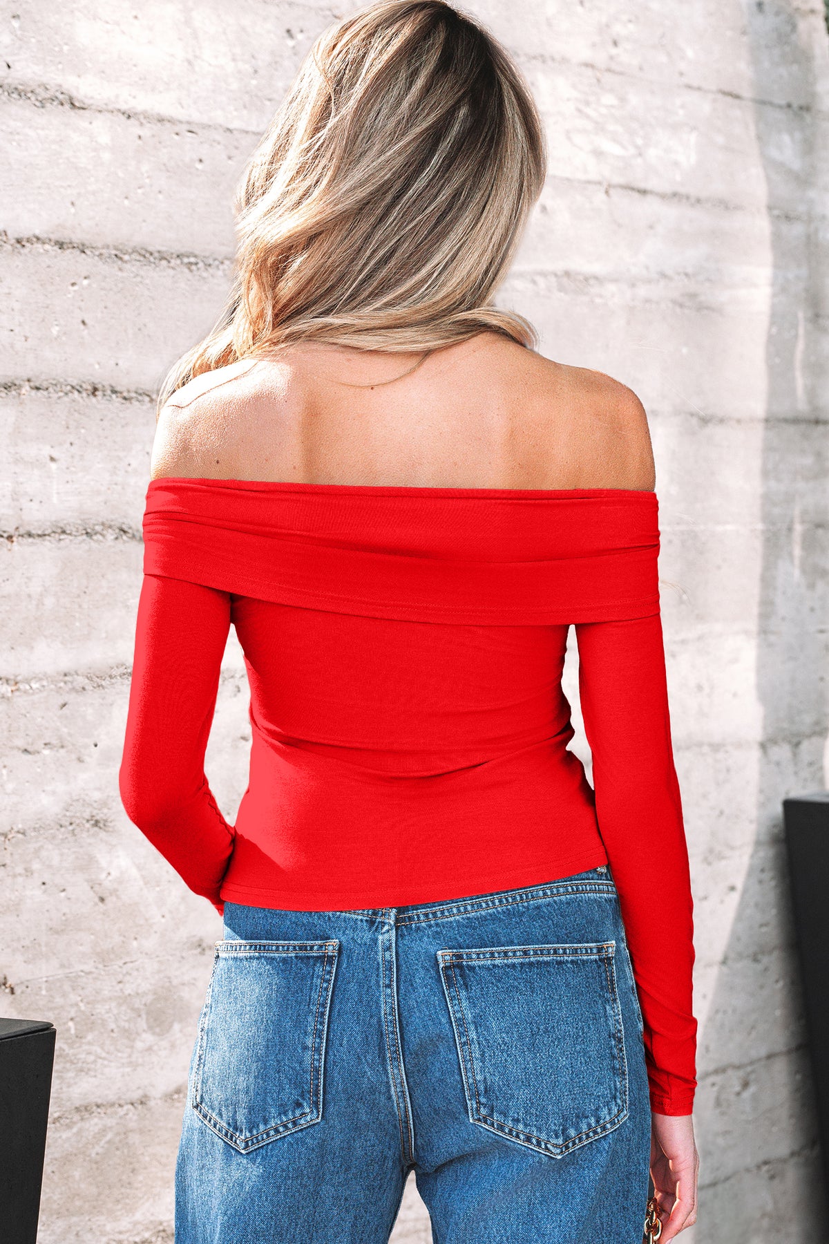 Smoke Gray Foldover Off Shoulder Long Sleeve Slim Top