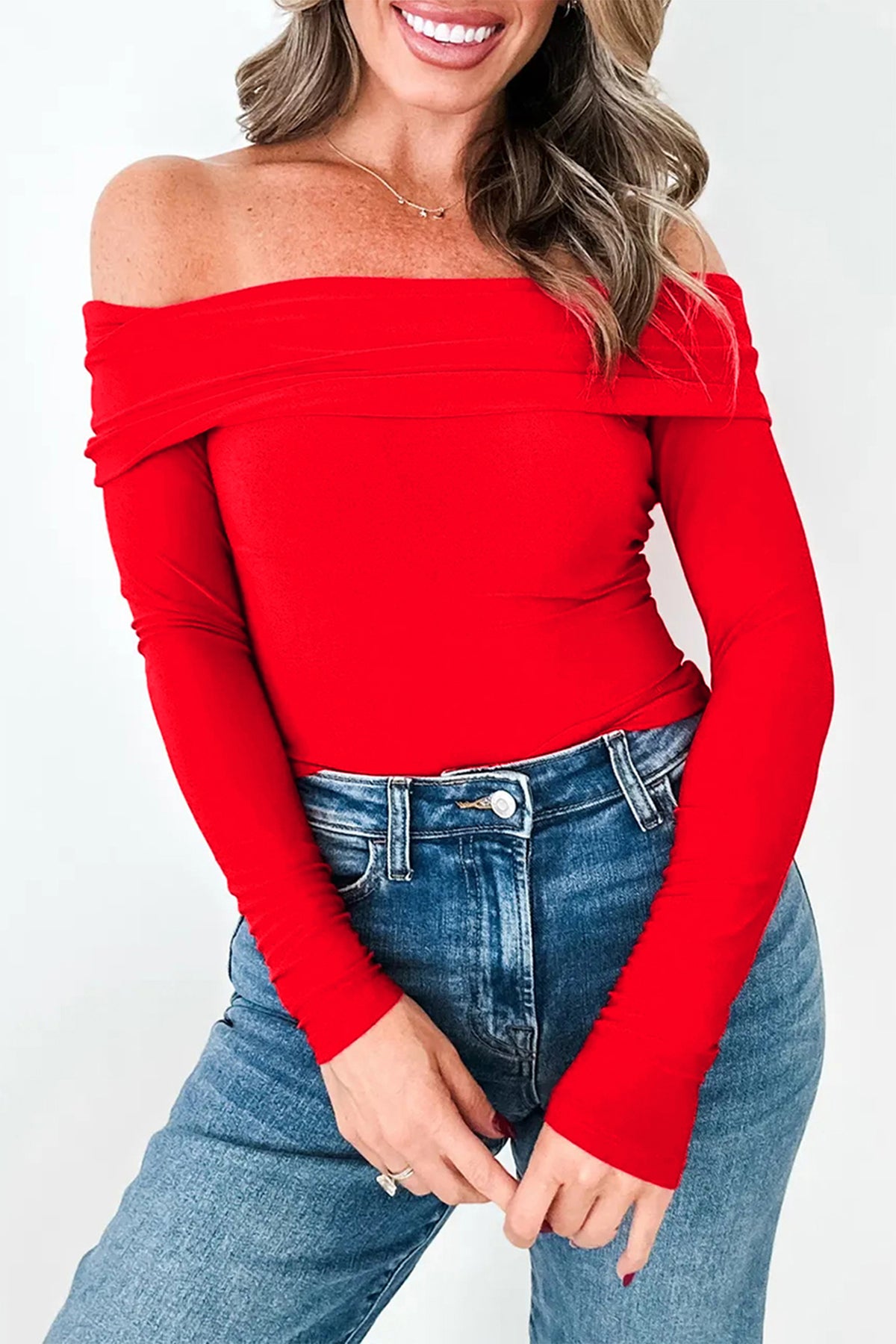 Smoke Gray Foldover Off Shoulder Long Sleeve Slim Top