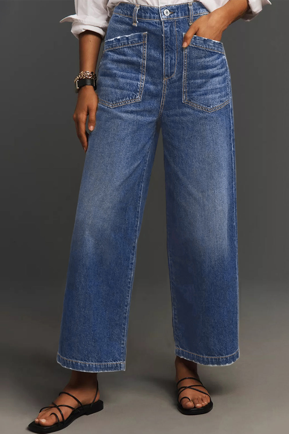 Brown Minimalist Patch Pocket High Waist Shift Jeans