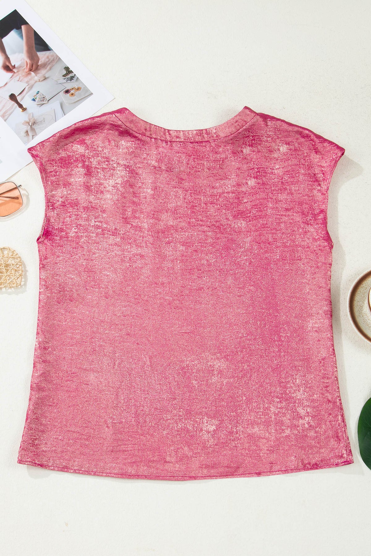 Bright Pink Metallic Round Neck Cap Sleeve Tee